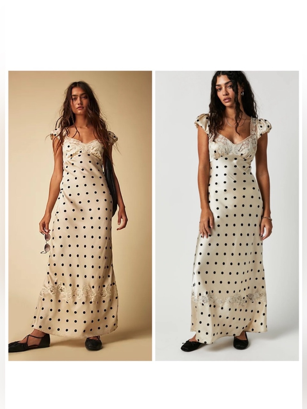 Free People Butterfly Babe Midi Dress Cream Black Polka Dot Medium Tea Combo